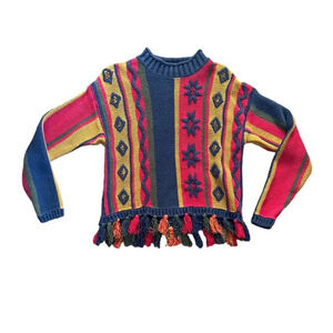 Vintage Southwestern Knit Fringe Sweater M Cotton